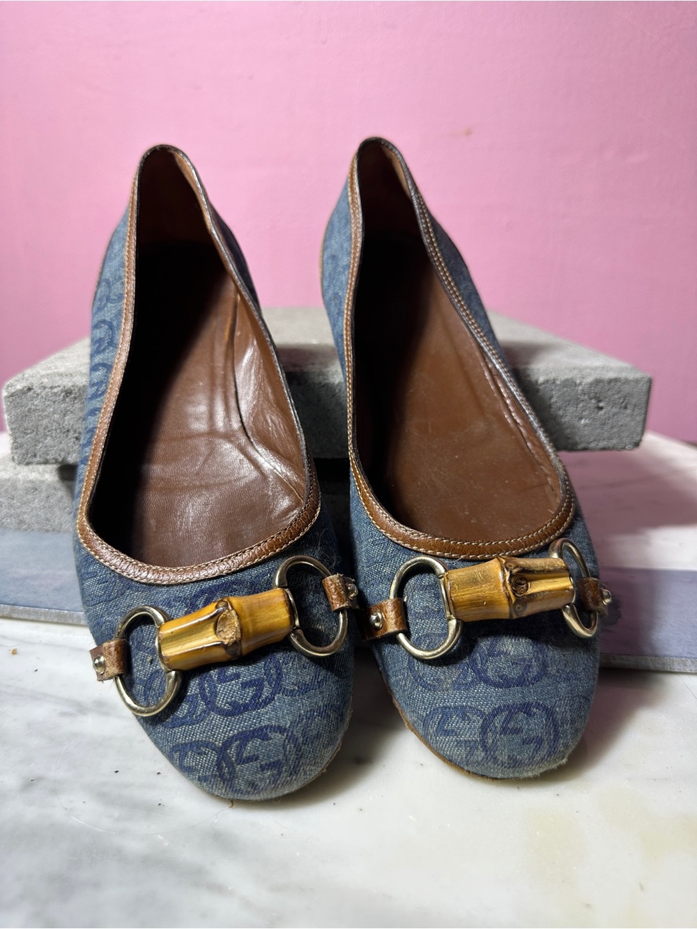 Vintage Gucci GG Denim Monogram Bamboo Horsebit Ballet Flats